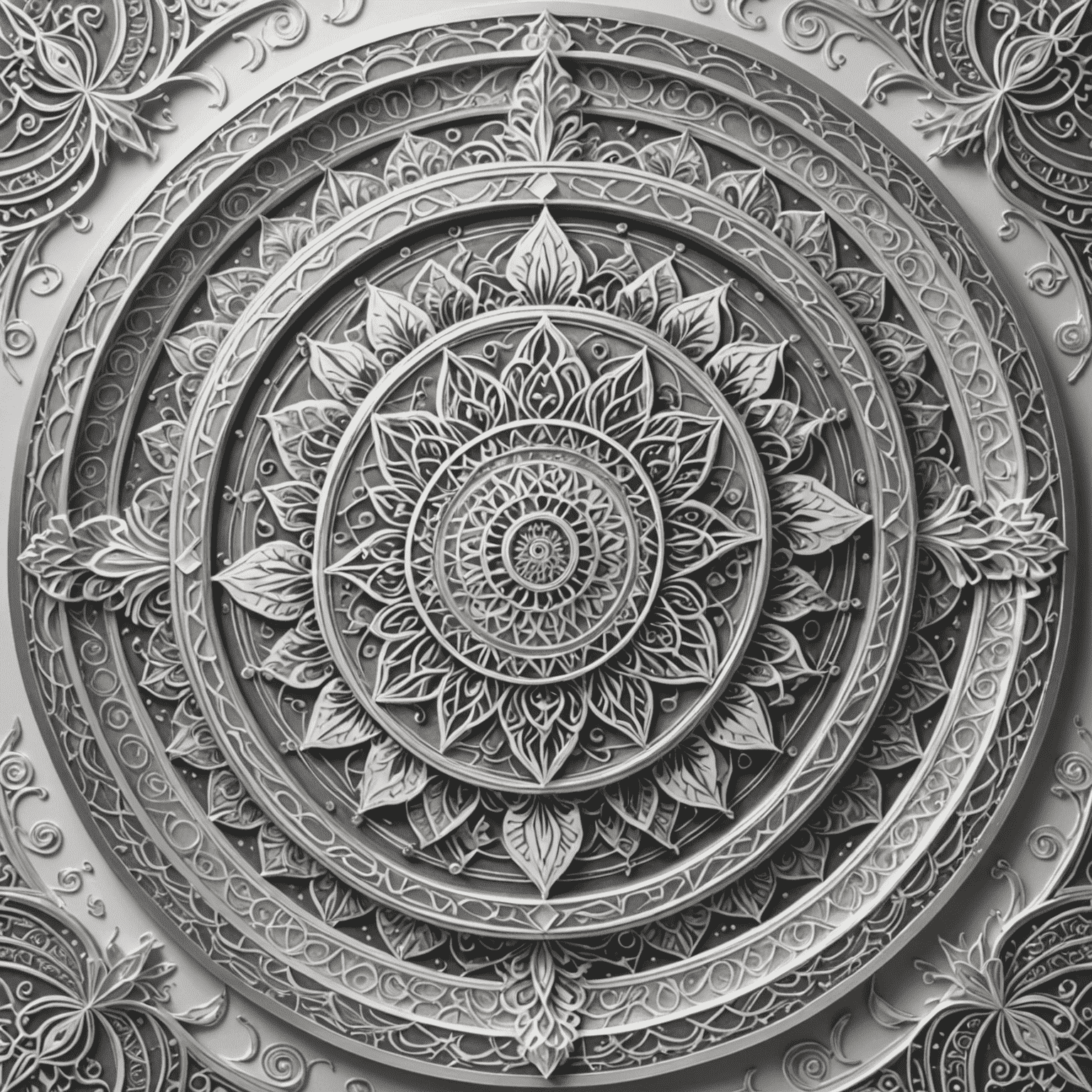 Intricaten mandala vzorec v srebrni in beli barvi, ki simbolizira harmonijo in ravnovesje zodiaka