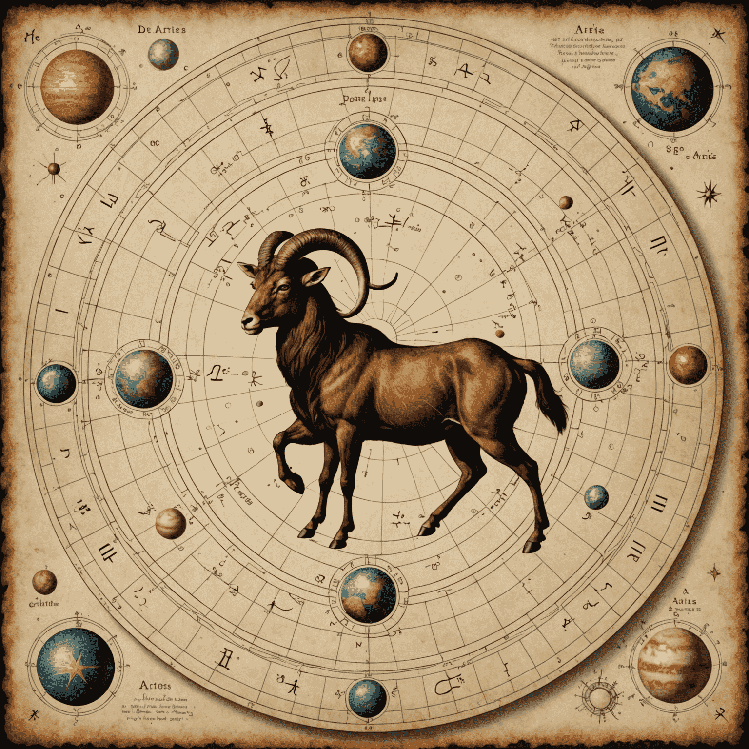 Astrološka karta z ozvezdjem Ovna in planetarnimi simboli